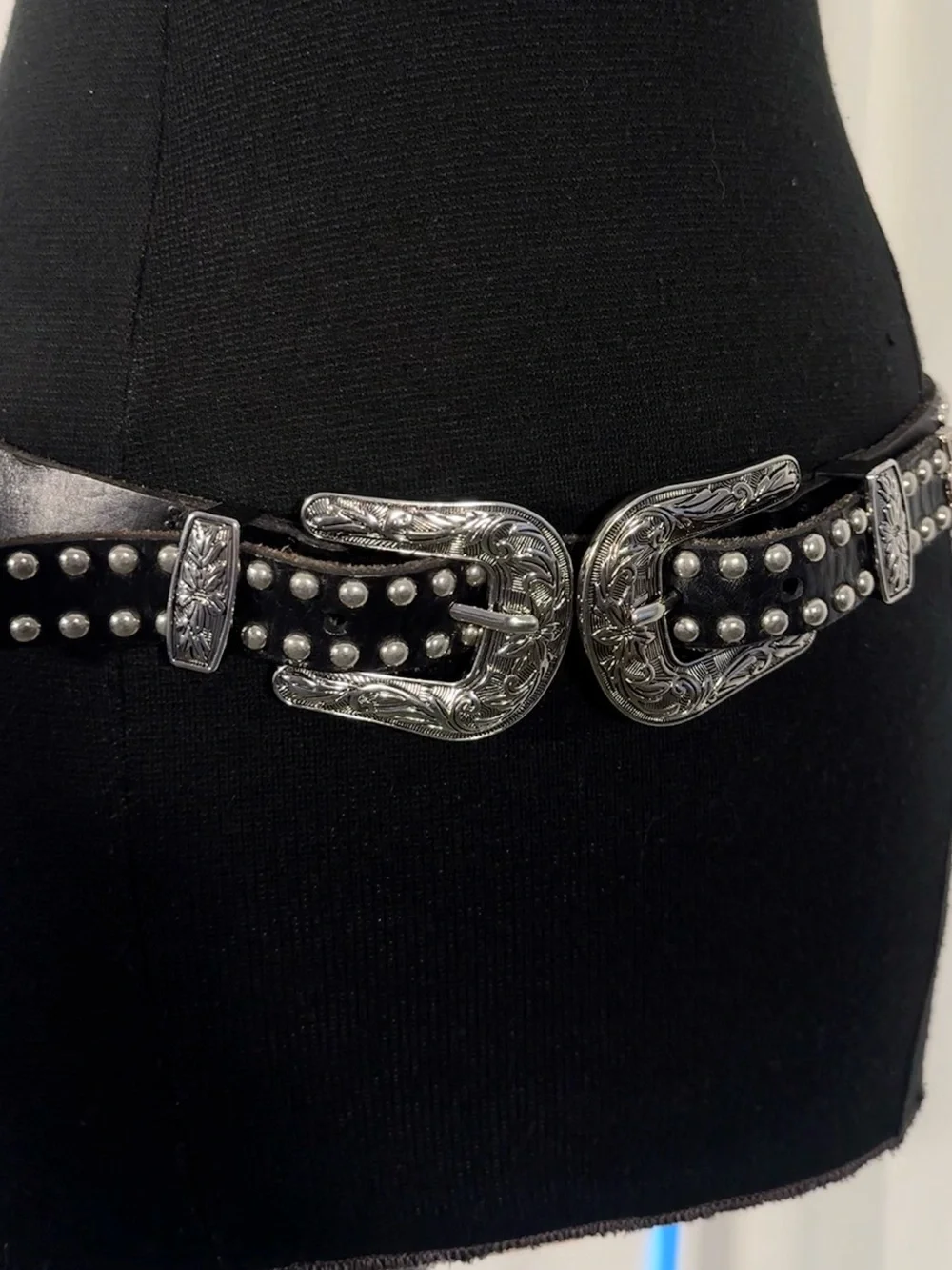 Black Leather Double Buckle Studded Western Belt